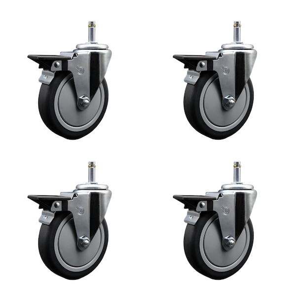 Service Caster 5'' Thermo Rubber Swivel 7/16'' Grip Ring Stem Caster Set with Brake, 4PK SCC-GR20S514-TPRB-PLB-716138-4 - main